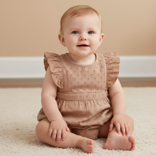 Organic Eyelet Flutter Romper - Clay Eyelet