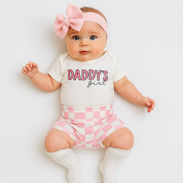Pink Checker Daddy's Girl Bummies Set for babies, featuring a stylish two-piece design perfect for playful outfits.