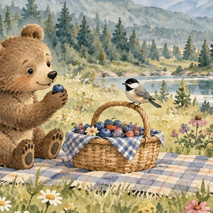 Meadow Picnic Camping shower curtain, close up of the watercolor artwork