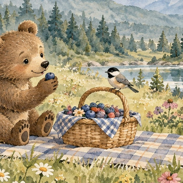 Meadow Picnic Camping shower curtain, close up of the watercolor artwork