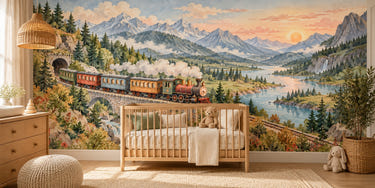 Watercolor Panoramic Train Journey Wall Mural, image 1