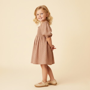 Organic Eyelet Bubble Sleeve Dress - Clay Eyelet