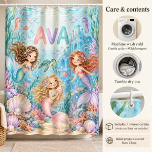 Care and contents of the Mermaid Lagoon personalized kids shower curtain