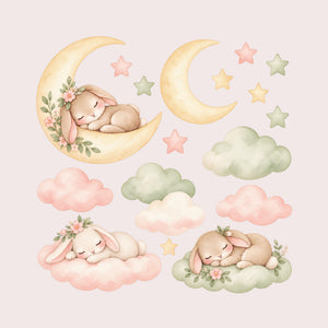 Sleeping Bunny Moon and Clouds Wall Decals, Set of 17, image 1