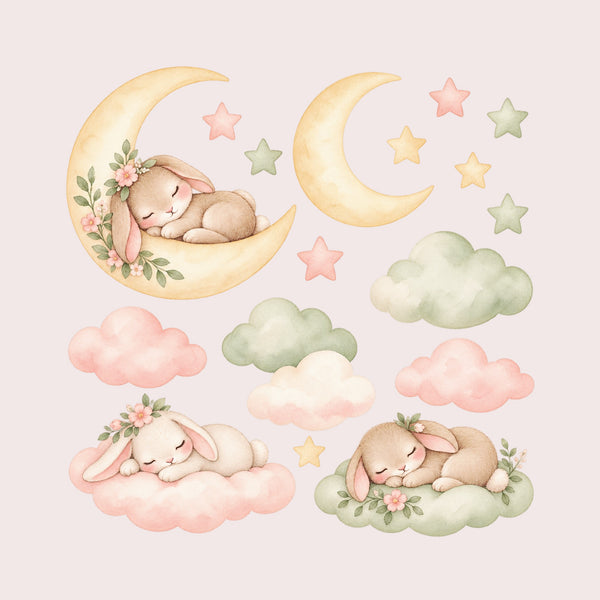 Sleeping Bunny Moon and Clouds Wall Decals, Set of 17, image 1