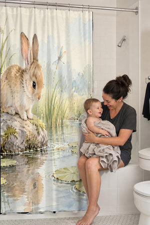 Mom holding her baby on the tub edge next to the Quiet Garden Pond Bunny shower curtain