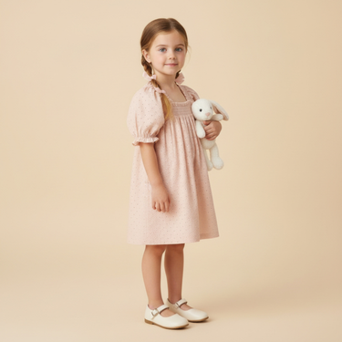 Organic Eyelet Bubble Sleeve Dress - Blush Eyelet