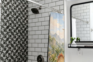 Tropical Dinosaur Garden shower curtain in a modern farmhouse bathroom with subway tile