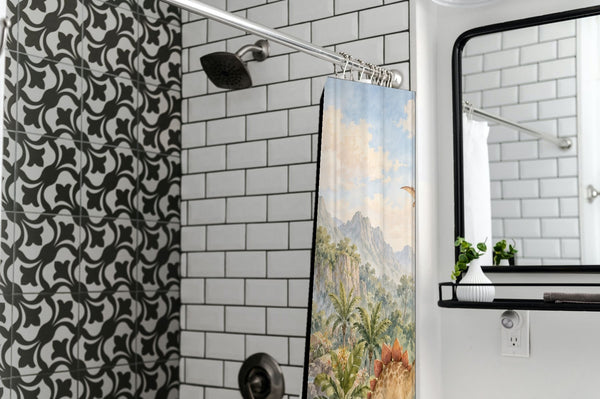 Tropical Dinosaur Garden shower curtain in a modern farmhouse bathroom with subway tile