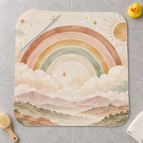 Starry Rainbow Dreamland kids hooded bath towel laid flat