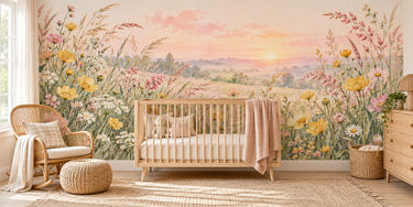 Watercolor Golden Sunset Wildflowers Wall Mural, image 1