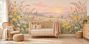 Watercolor Golden Sunset Wildflowers Wall Mural, image 1