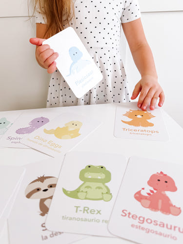 Dinosaur flashcards for babies, promoting early learning and sensory play with vibrant colors and engaging designs.