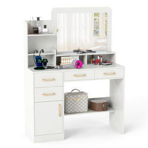 White 39.5-inch kids vanity desk with power outlets and mirror, angled view for bedroom decor.