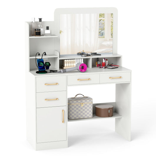White 39.5-inch kids vanity desk with power outlets and mirror, angled view for bedroom decor.