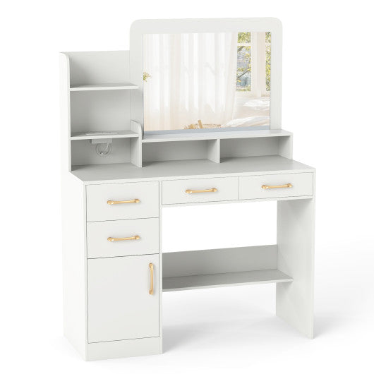 White 39.5-inch kids vanity desk with power outlets and mirror, angled view for bedroom decor.