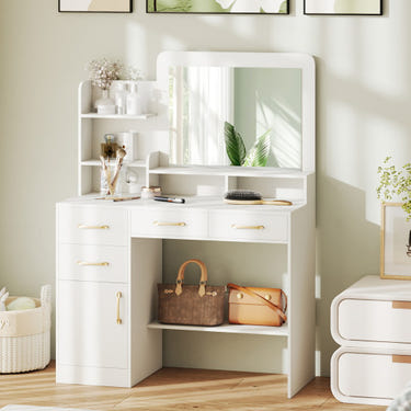 White 39.5-inch kids vanity desk with power outlets and mirror for bedroom use.