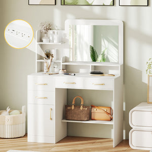 White 39.5-inch kids vanity desk with power outlets and mirror, angled view showcasing stylish design for bedrooms.