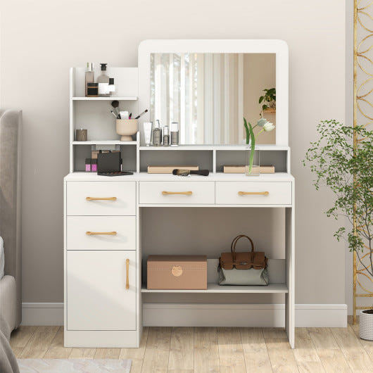 White 39.5-inch kids vanity desk with power outlets and mirror for bedroom use.