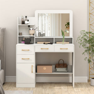 White 39.5-inch kids vanity desk with power outlets and mirror, angled view for bedroom decor inspiration.