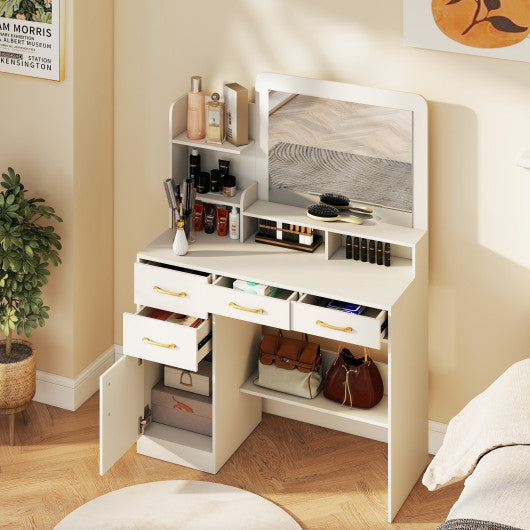 White 39.5-inch kids vanity desk with power outlets and mirror, angled view for bedroom decor inspiration.