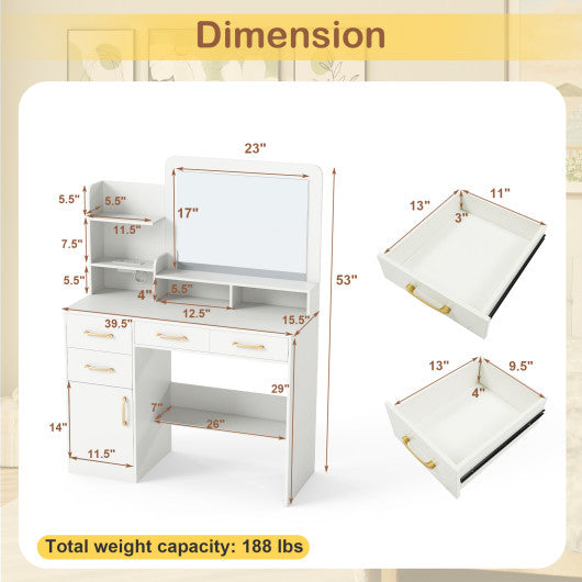 White 39.5-inch kids vanity desk with power outlets and mirror, angled view for bedroom decor inspiration.