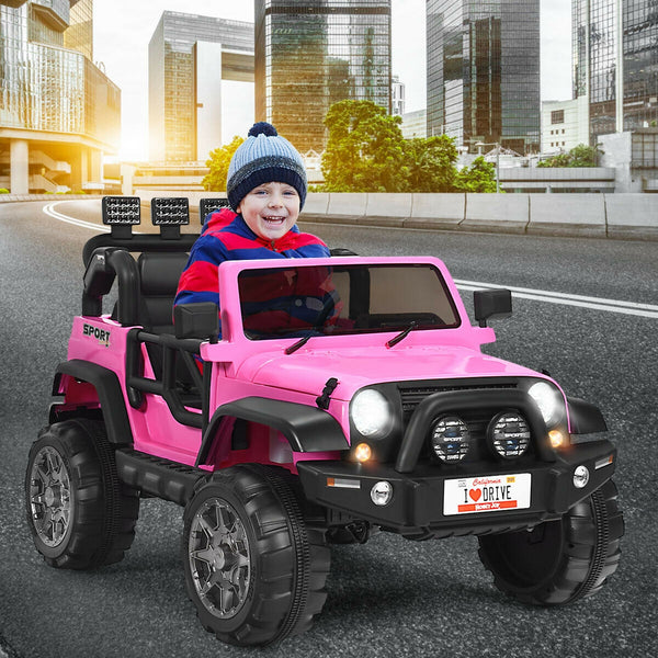 12V 2-seater ride-on car truck with remote control and storage, perfect for kids' outdoor fun.