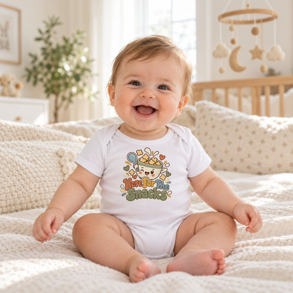 Baby wearing the Here For The Snacks baby bodysuit