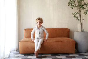 Grandpa PJ in taupe and blue for babies, cozy sleepsuit perfect for comfortable nights. Angle 6 view.