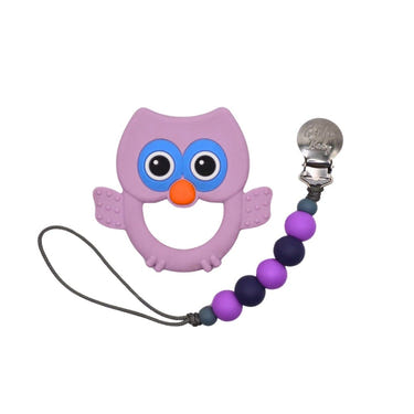 Purple owl teether set for babies, perfect for soothing gums and promoting healthy dental development.