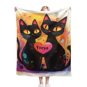 Personalized Black Cats Heart Blanket | Custom Name Gift
