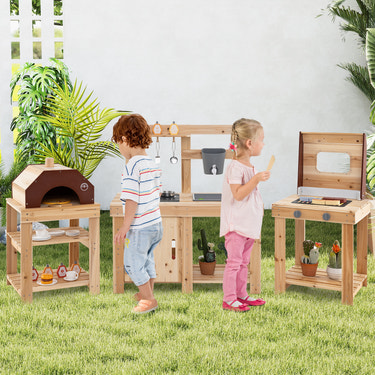 3-Piece Outdoor Kitchen Set Mud Kitchen with Separate BBQ Grill and Pizza Oven