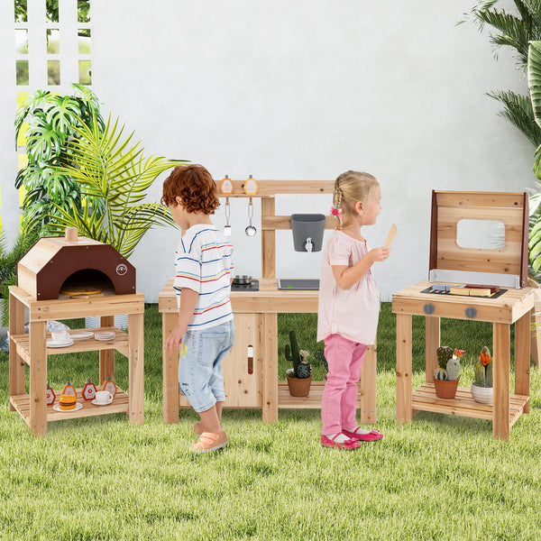 3-Piece Outdoor Kitchen Set Mud Kitchen with Separate BBQ Grill and Pizza Oven