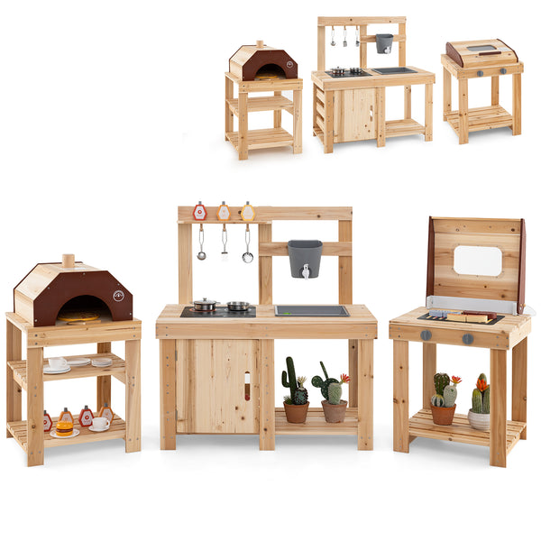 3-Piece Outdoor Kitchen Set Mud Kitchen with Separate BBQ Grill and Pizza Oven