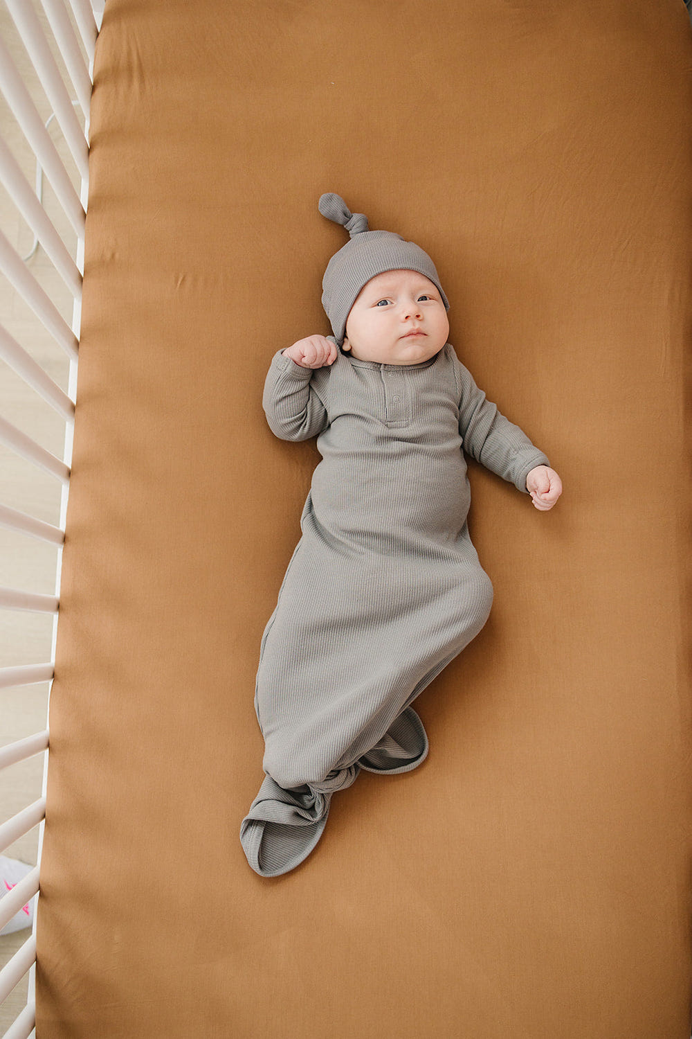Grey Organic Cotton Ribbed Knot Gown - MOOGCO Baby