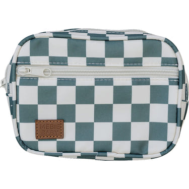 Green checkered mini fanny pack for babies, perfect accessory for outings and seasonal wear.