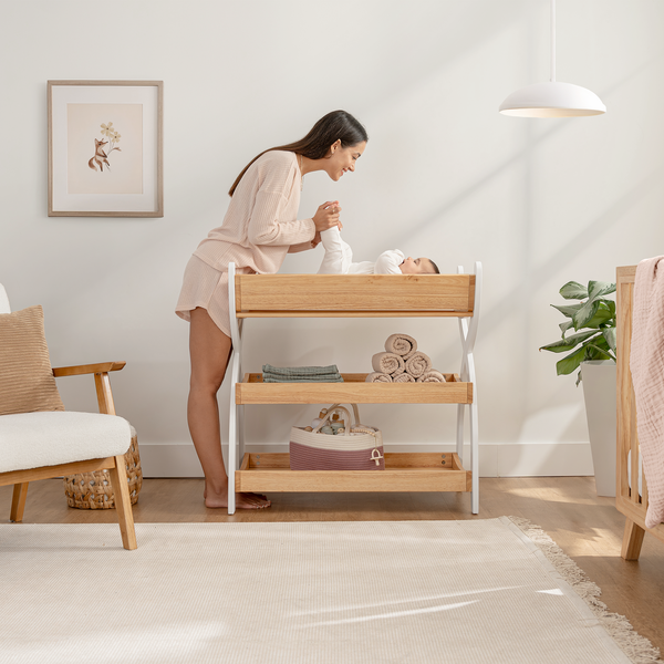 Baby Changing Table by Comfy Cubs - Natural Wood With White Legs