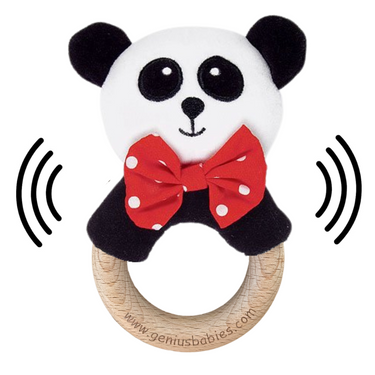 High-contrast black, white, and red baby rattle made of beechwood, perfect for sensory development.