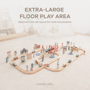 Colorful 100-piece wooden train set for toddlers, perfect for imaginative play and learning, shown from angle 3.