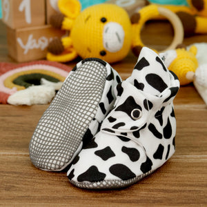 Organic Cotton Baby Booties, Non-Slip Sole, Cotton Newborn Booties Home Nursery Shoes, Cow Pattern
