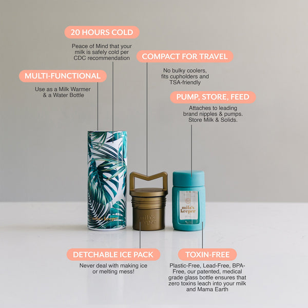 MilKeeper Starter Set in Panama Palms design, featuring breast milk storage containers at an angle view.