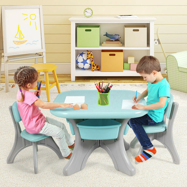 Colorful 3-piece plastic children play table and chair set for indoor and outdoor use, displayed at an angle.