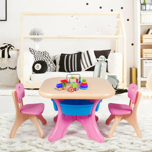 3-piece plastic children play table and chair set for indoor/outdoor use, shown from angle 2.