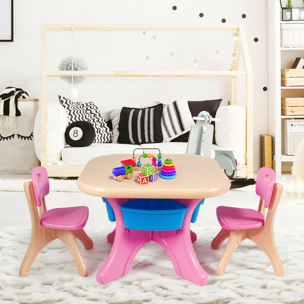 3-piece plastic children play table and chair set for indoor/outdoor use, shown from angle 2.