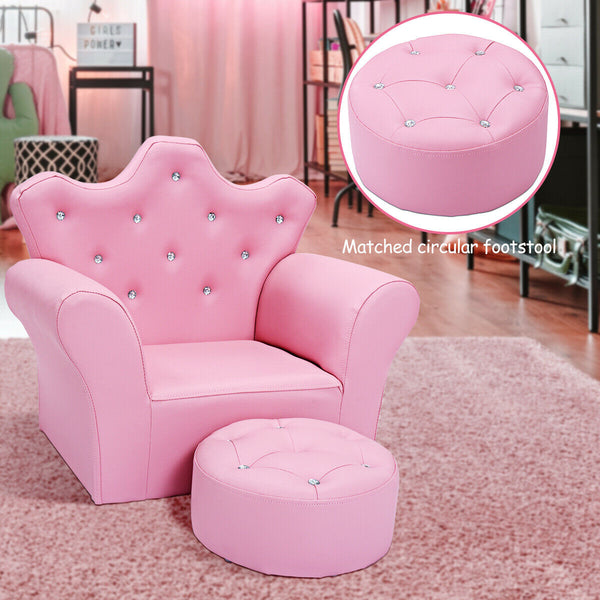 Pink kids sofa with armrests and ottoman, perfect for children's rooms and play areas, shown at angle 8.