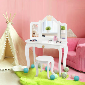 Kids Makeup Dressing Table with Tri-folding Mirror and Stool for Girls