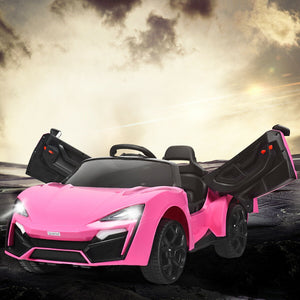 12V 2.4G RC electric vehicle for kids with lights, angled view showcasing fun design and features.