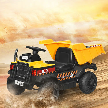 Yellow 12V battery kids ride-on dump truck with electric bucket and dump bed, perfect for outdoor play.