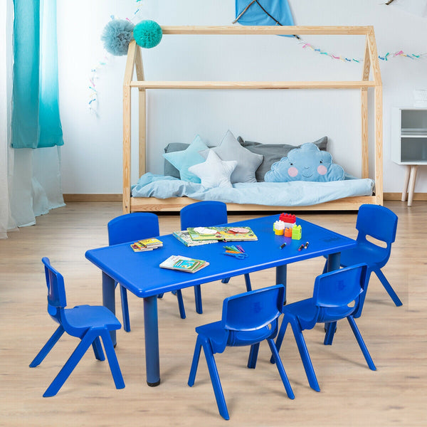 Colorful 6-pack stackable plastic chairs for kids, perfect for classrooms and playrooms.