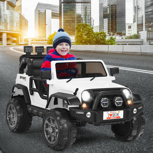 12V 2-seater ride-on car truck with remote control and storage, perfect for kids' outdoor fun.